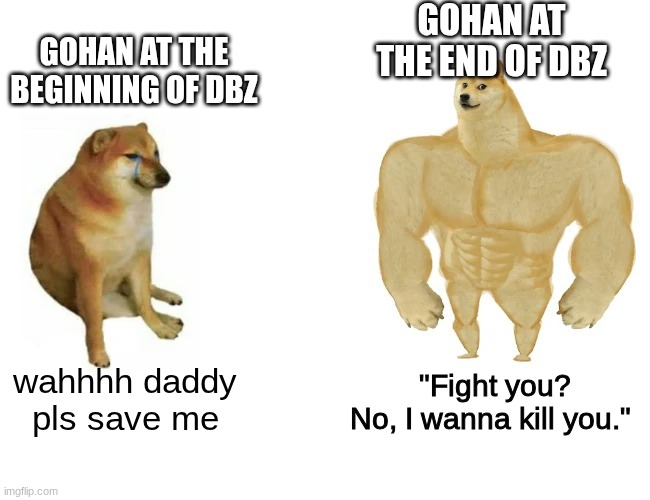 Gohan | GOHAN AT THE END OF DBZ; GOHAN AT THE BEGINNING OF DBZ; wahhhh daddy pls save me; "Fight you? No, I wanna kill you." | image tagged in cheems vs buff doge | made w/ Imgflip meme maker