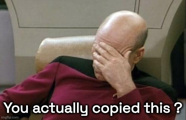 Captain Picard Facepalm Meme | You actually copied this ? | image tagged in memes,captain picard facepalm | made w/ Imgflip meme maker