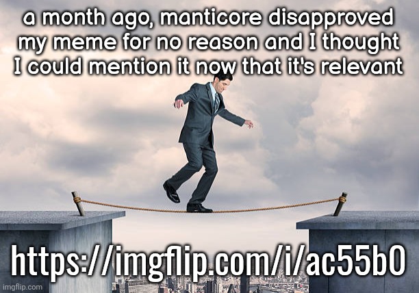 man walking on rope | a month ago, manticore disapproved my meme for no reason and I thought I could mention it now that it's relevant; https://imgflip.com/i/ac55b0 | image tagged in man walking on rope | made w/ Imgflip meme maker