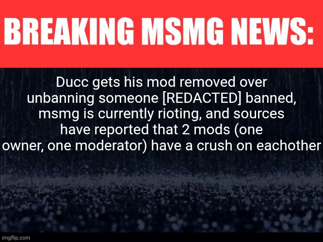BREAKING MSMG NEWS | Ducc gets his mod removed over unbanning someone [REDACTED] banned, msmg is currently rioting, and sources have reported that 2 mods (one owner, one moderator) have a crush on eachother | image tagged in breaking msmg news | made w/ Imgflip meme maker