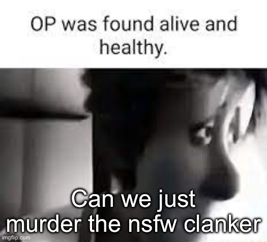 op was found alive and healthy | Can we just murder the nsfw clanker | image tagged in op was found alive and healthy | made w/ Imgflip meme maker