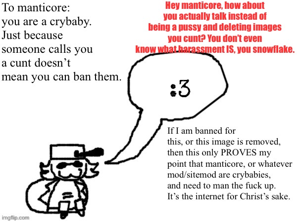 Yeah, talk to me instead you pussy. Oh wait, you can’t because you lack basic social skills. Fuck you, you fat fuck. | Hey manticore, how about you actually talk instead of being a pussy and deleting images you cunt? You don’t even know what harassment IS, you snowflake. | made w/ Imgflip meme maker
