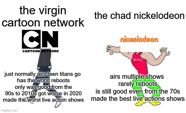 what is wrong with cartoon network right now | the chad nickelodeon; the virgin cartoon network; airs multiple shows 
rarely reboots
is still good even from the 70s
made the best live actions shows; just normally airs teen titans go 
has the worst reboots
only was good from the 90s to 2010s got worse in 2020
made the worst live action shows | image tagged in virgin vs chad,nickelodeon | made w/ Imgflip meme maker