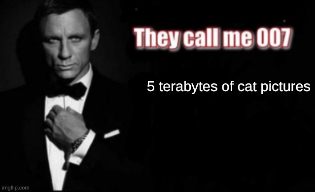 They call me 007 | 5 terabytes of cat pictures | image tagged in they call me 007 | made w/ Imgflip meme maker