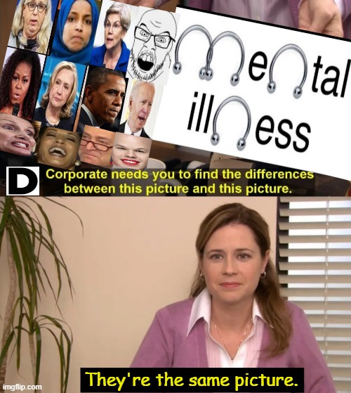 Corporate Consensus of Current Day Cringe | They're the same picture. | image tagged in they are the same picture,mental illness,democrats,cringe,political humor,crazy people | made w/ Imgflip meme maker