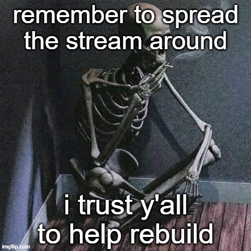 we can't let this die, this is the ultimate safe place for msmgers | remember to spread the stream around; i trust y'all to help rebuild | image tagged in skeleton smoke | made w/ Imgflip meme maker