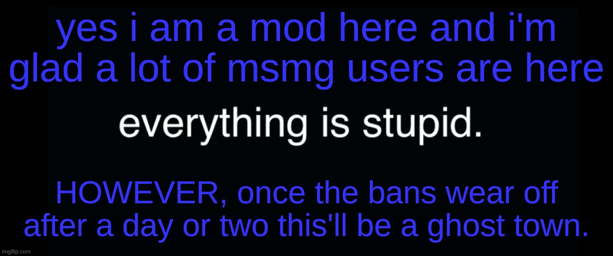 Everything is stupid bill wurtz | yes i am a mod here and i'm glad a lot of msmg users are here; HOWEVER, once the bans wear off after a day or two this'll be a ghost town. | image tagged in everything is stupid bill wurtz | made w/ Imgflip meme maker