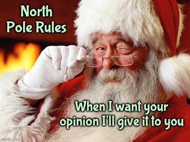 santa | North Pole Rules When I want your opinion I'll give it to you | image tagged in santa | made w/ Imgflip meme maker
