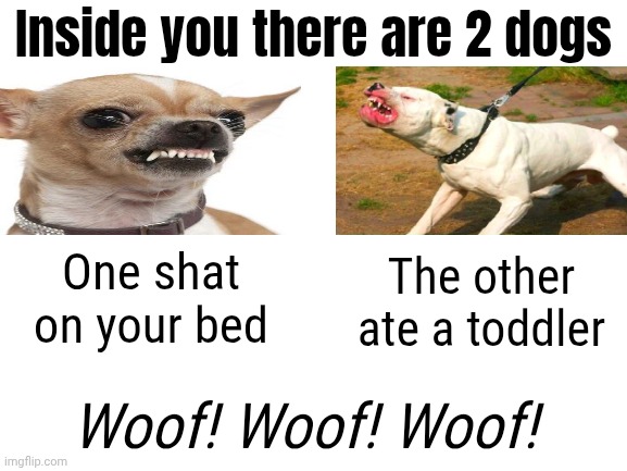 Got dat dawg in me | Inside you there are 2 dogs; One shat on your bed; The other ate a toddler; Woof! Woof! Woof! | image tagged in blank white template | made w/ Imgflip meme maker