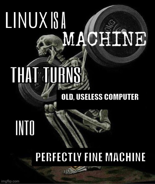 Especially lightweight distros | LINUX; OLD, USELESS COMPUTER; PERFECTLY FINE MACHINE | image tagged in my body is machine | made w/ Imgflip meme maker