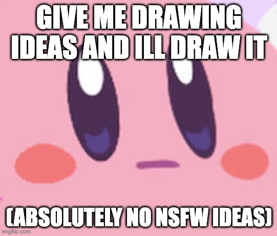 tell me ideas | GIVE ME DRAWING IDEAS AND ILL DRAW IT; (ABSOLUTELY NO NSFW IDEAS) | image tagged in blank kirby face | made w/ Imgflip meme maker