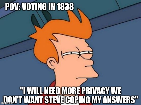 Futurama Fry | POV: VOTING IN 1838; "I WILL NEED MORE PRIVACY WE DON'T WANT STEVE COPING MY ANSWERS" | image tagged in memes,futurama fry | made w/ Imgflip meme maker