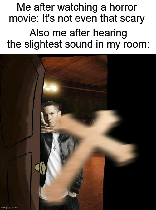 why does this always happen? | Me after watching a horror movie: It's not even that scary; Also me after hearing the slightest sound in my room: | image tagged in memes,funny,relatable,funny memes,eminem | made w/ Imgflip meme maker