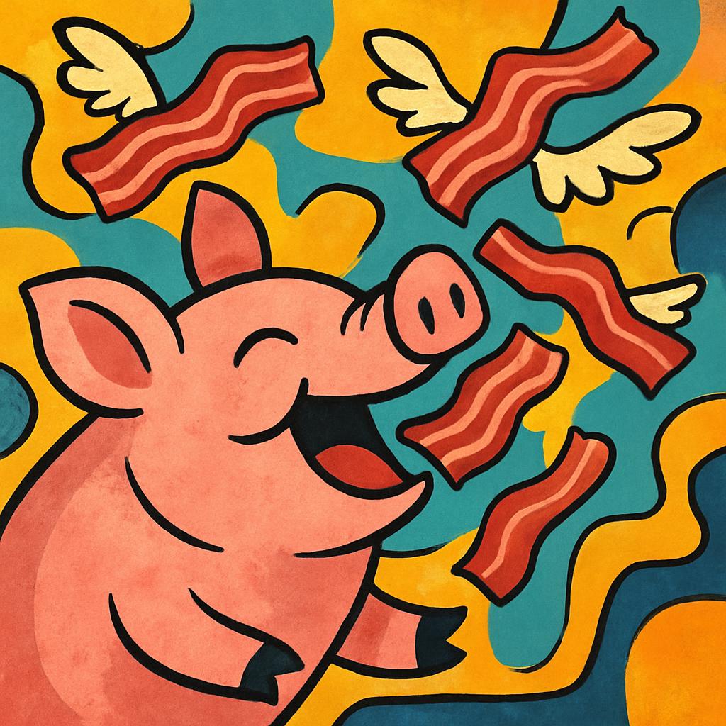 A pig eating flying bacon Blank Meme Template