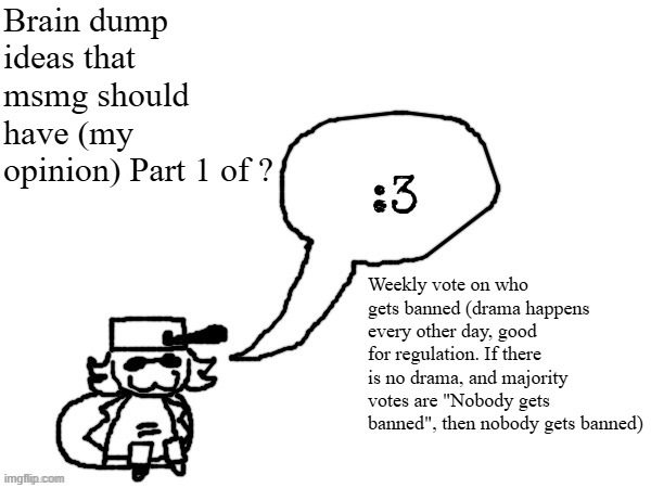 Ducc-The-Ultimate's creature announcement temp | Brain dump ideas that msmg should have (my opinion) Part 1 of ? Weekly vote on who gets banned (drama happens every other day, good for regulation. If there is no drama, and majority votes are "Nobody gets banned", then nobody gets banned) | image tagged in ducc-the-ultimate's creature announcement temp | made w/ Imgflip meme maker