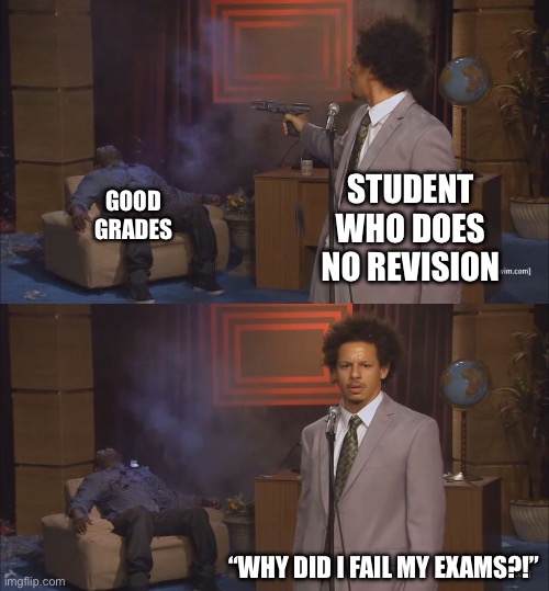 Exams | GOOD GRADES; STUDENT WHO DOES NO REVISION; “WHY DID I FAIL MY EXAMS?!” | image tagged in gunshot meme | made w/ Imgflip meme maker