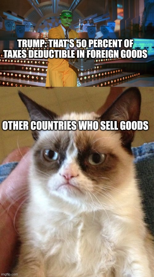 TRUMP: THAT'S 50 PERCENT OF TAXES DEDUCTIBLE IN FOREIGN GOODS; OTHER COUNTRIES WHO SELL GOODS | image tagged in mask accounting,memes,grumpy cat | made w/ Imgflip meme maker