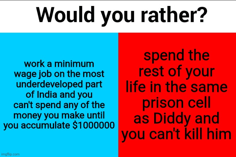 Would you rather? | work a minimum wage job on the most underdeveloped part of India and you can't spend any of the money you make until you accumulate $1000000; spend the rest of your life in the same prison cell as Diddy and you can't kill him | image tagged in would you rather | made w/ Imgflip meme maker