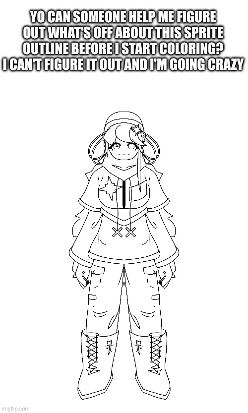 argh | YO CAN SOMEONE HELP ME FIGURE OUT WHAT'S OFF ABOUT THIS SPRITE OUTLINE BEFORE I START COLORING? I CAN'T FIGURE IT OUT AND I'M GOING CRAZY | image tagged in e | made w/ Imgflip meme maker