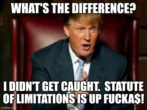 Donald Trump | WHAT'S THE DIFFERENCE? I DIDN'T GET CAUGHT.  STATUTE OF LIMITATIONS IS UP FUCKA$! | image tagged in donald trump | made w/ Imgflip meme maker
