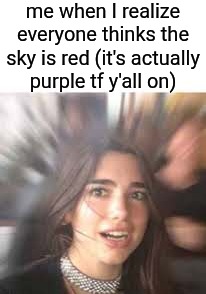 smoll imag | me when I realize
everyone thinks the
sky is red (it's actually
purple tf y'all on) | image tagged in dua lipa blank space above | made w/ Imgflip meme maker