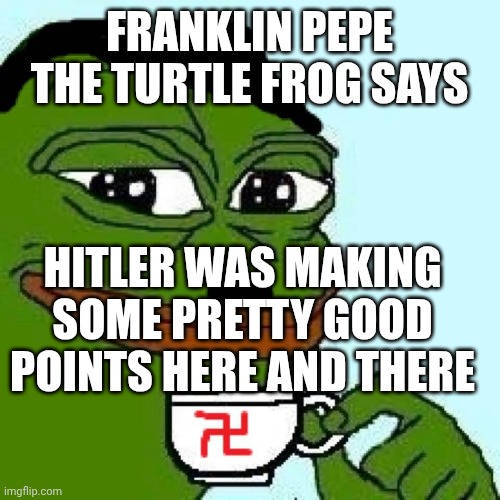FRANKLIN PEPE THE TURTLE FROG SAYS HITLER WAS MAKING SOME PRETTY GOOD POINTS HERE AND THERE | image tagged in pepe nazi | made w/ Imgflip meme maker