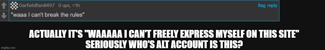 Genuinely, who invited you brochacho? | ACTUALLY IT'S "WAAAAA I CAN'T FREELY EXPRESS MYSELF ON THIS SITE"
SERIOUSLY WHO'S ALT ACCOUNT IS THIS? | made w/ Imgflip meme maker