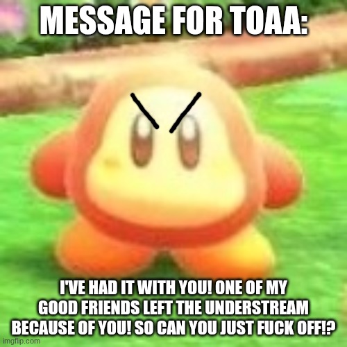 I'm sorry for saying the f word in my post. I'm just mad :C | MESSAGE FOR TOAA:; I'VE HAD IT WITH YOU! ONE OF MY GOOD FRIENDS LEFT THE UNDERSTREAM BECAUSE OF YOU! SO CAN YOU JUST FUCK OFF!? | image tagged in waddle dee | made w/ Imgflip meme maker