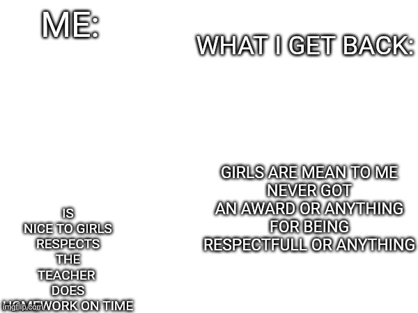 Real | WHAT I GET BACK:; ME:; IS NICE TO GIRLS
RESPECTS THE TEACHER 
DOES HOMEWORK ON TIME; GIRLS ARE MEAN TO ME
NEVER GOT AN AWARD OR ANYTHING FOR BEING RESPECTFULL OR ANYTHING | made w/ Imgflip meme maker