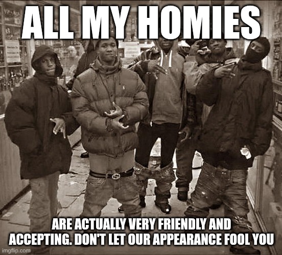 all my homies are actually pretty welcoming and nice once you get to know them | ALL MY HOMIES; ARE ACTUALLY VERY FRIENDLY AND ACCEPTING. DON'T LET OUR APPEARANCE FOOL YOU | image tagged in all my homies hate | made w/ Imgflip meme maker