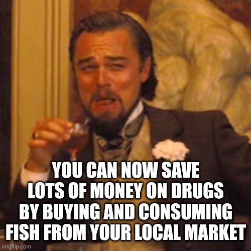 YOU CAN NOW SAVE LOTS OF MONEY ON DRUGS BY BUYING AND CONSUMING FISH FROM YOUR LOCAL MARKET | image tagged in memes,laughing leo | made w/ Imgflip meme maker