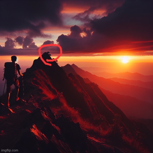 Photo silhouette of man hiking to mountain peak sunset dramatic | image tagged in photo silhouette of man hiking to mountain peak sunset dramatic | made w/ Imgflip meme maker