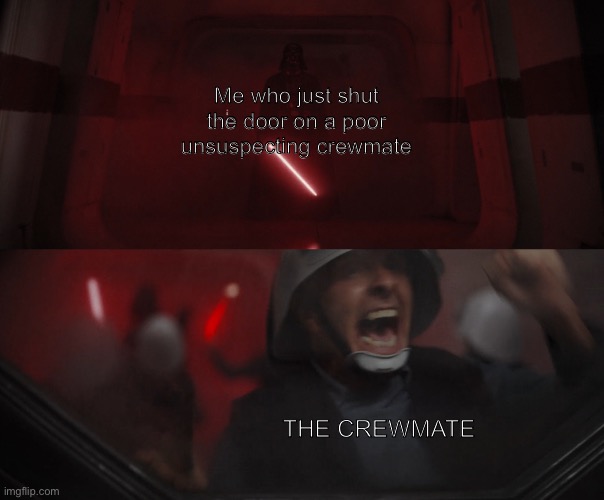 Darth Vader vs Rebel | Me who just shut the door on a poor unsuspecting crewmate; THE CREWMATE | image tagged in darth vader vs rebel | made w/ Imgflip meme maker