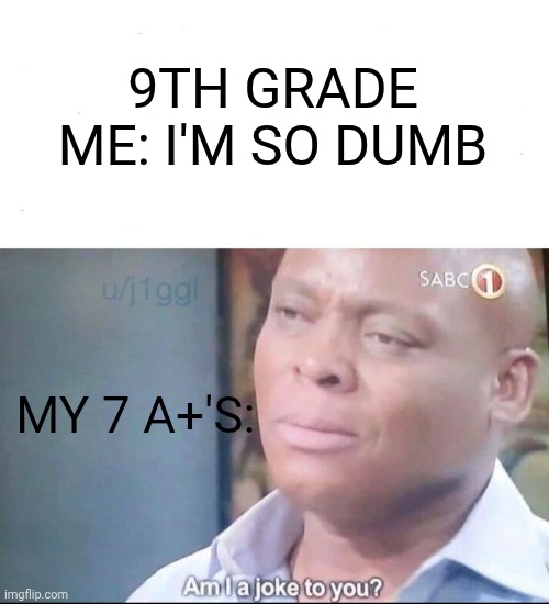 Ok then | 9TH GRADE ME: I'M SO DUMB; MY 7 A+'S: | image tagged in am i a joke to you,grades,old | made w/ Imgflip meme maker