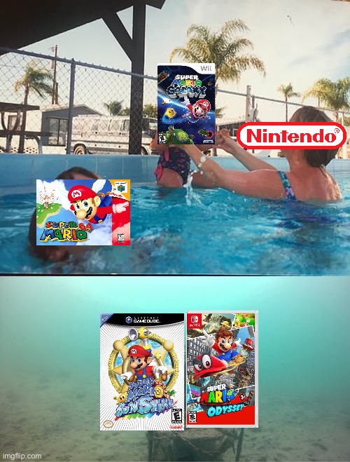 Nintendo giving remakes and love to these 3D games | image tagged in mother ignoring kid drowning in a pool | made w/ Imgflip meme maker
