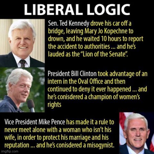 They're Insane | image tagged in liberal privilege,liberal logic,liberal hypocrisy,kennedy,bill clinton,mike pence | made w/ Imgflip meme maker