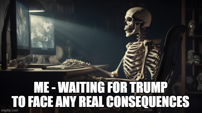 trump never faces any real consequences | ME - WAITING FOR TRUMP TO FACE ANY REAL CONSEQUENCES | image tagged in justice,trump,conservatives,liberal,punishment | made w/ Imgflip meme maker