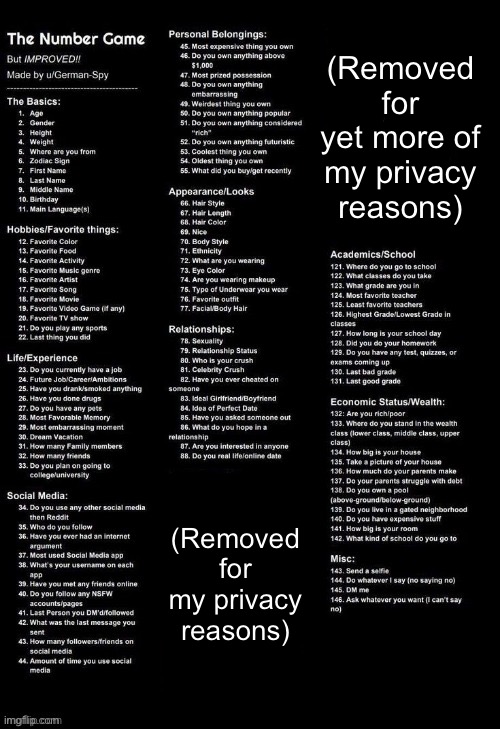 Numbers game | (Removed for yet more of my privacy reasons); (Removed for my privacy reasons) | image tagged in numbers game | made w/ Imgflip meme maker