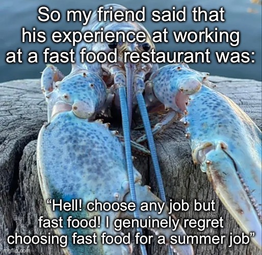 To the animal shelter it will be then | So my friend said that his experience at working at a fast food restaurant was:; “Hell! choose any job but fast food! I genuinely regret choosing fast food for a summer job” | image tagged in the blue lobster | made w/ Imgflip meme maker