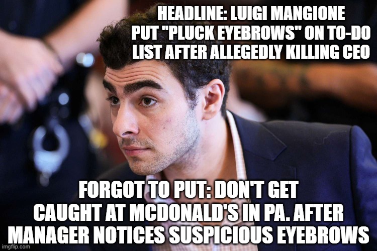 Always Follow Your To-Do List | HEADLINE: LUIGI MANGIONE PUT "PLUCK EYEBROWS" ON TO-DO LIST AFTER ALLEGEDLY KILLING CEO; FORGOT TO PUT: DON'T GET CAUGHT AT MCDONALD'S IN PA. AFTER MANAGER NOTICES SUSPICIOUS EYEBROWS | image tagged in luigi mangione,do-to list,pluck eyebrows,mcdonalds,crime,crime news | made w/ Imgflip meme maker