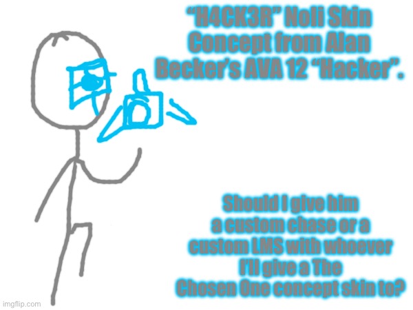 Intro would be the “I’m Coming Home. Did You Miss Me?” Screen and then him appearing and Outro would be him corrupting Alan’s PC | “H4CK3R” Noli Skin Concept from Alan Becker’s AVA 12 “Hacker”. Should I give him a custom chase or a custom LMS with whoever I’ll give a The Chosen One concept skin to? | image tagged in forsaken,blank white template | made w/ Imgflip meme maker