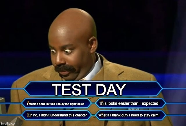 Who wants to be a millionaire? | TEST DAY; I studied hard, but did I study the right topics; This looks easier than I expected! What if I blank out? I need to stay calm! Oh no, I didn’t understand this chapter | image tagged in who wants to be a millionaire | made w/ Imgflip meme maker