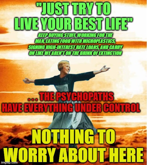 AI Induced Existential Psychosis | "JUST TRY TO LIVE YOUR BEST LIFE"; KEEP BUYING STUFF, WORKING FOR THE MAN, EATING FOOD WITH MICROPLASTICS, SIGNING HIGH-INTEREST RATE LOANS, AND CARRY ON LIKE WE AREN'T ON THE BRINK OF EXTINCTION; . . . THE PSYCHOPATHS HAVE EVERYTHING UNDER CONTROL; NOTHING TO WORRY ABOUT HERE | image tagged in everything is fiiiiiiine | made w/ Imgflip meme maker