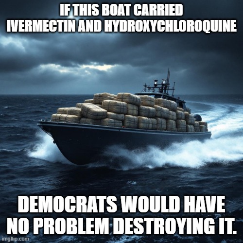 Boat | IF THIS BOAT CARRIED IVERMECTIN AND HYDROXYCHLOROQUINE; DEMOCRATS WOULD HAVE NO PROBLEM DESTROYING IT. | image tagged in boat,medicine,democrats,destroy | made w/ Imgflip meme maker