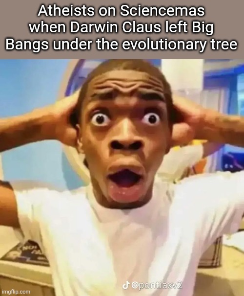 Image Title | Atheists on Sciencemas when Darwin Claus left Big Bangs under the evolutionary tree | image tagged in shocked black guy,atheist,christmas,memes,funny | made w/ Imgflip meme maker