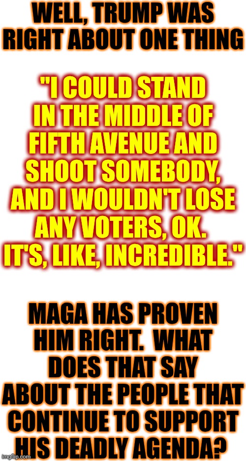 "I COULD STAND IN THE MIDDLE OF FIFTH AVENUE AND SHOOT SOMEBODY, AND I WOULDN'T LOSE ANY VOTERS, OK.  IT'S, LIKE, INCREDIBLE.". | WELL, TRUMP WAS RIGHT ABOUT ONE THING; "I COULD STAND IN THE MIDDLE OF FIFTH AVENUE AND SHOOT SOMEBODY, AND I WOULDN'T LOSE ANY VOTERS, OK.  IT'S, LIKE, INCREDIBLE."; MAGA HAS PROVEN HIM RIGHT.  WHAT DOES THAT SAY ABOUT THE PEOPLE THAT CONTINUE TO SUPPORT HIS DEADLY AGENDA? | image tagged in memes,lock him up,impeach trump,impeach convict remove and incarcerate trump,maga,nazis | made w/ Imgflip meme maker