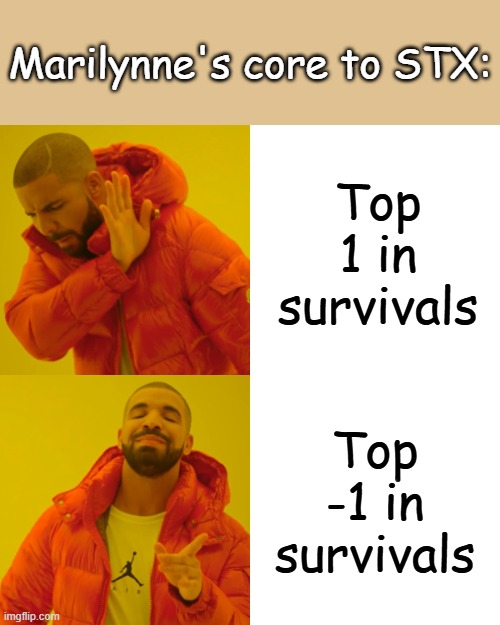 Top player? MORE LIKE BOTTOM PLAYER (p2) | Marilynne's core to STX:; Top 1 in survivals; Top -1 in survivals | image tagged in memes,drake hotline bling | made w/ Imgflip meme maker