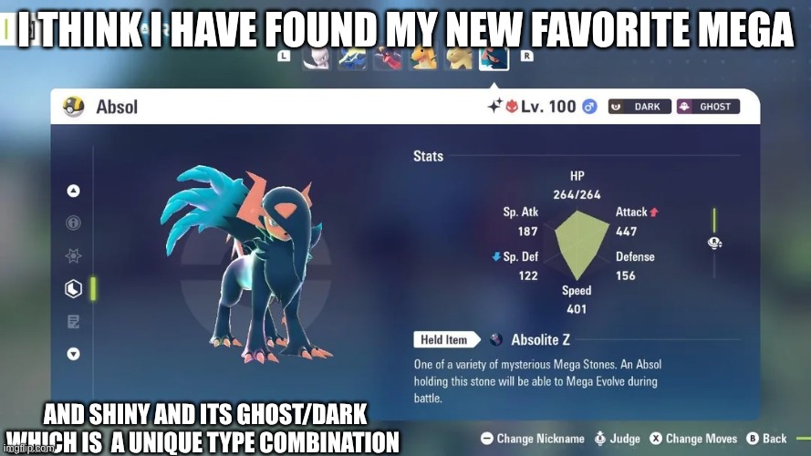 Sorry for spoilers for the DLC but this is awesome!!!!!!!!!!!!!!!!!!!!!!!!!!!!!!!!!!!!!!!!!! | I THINK I HAVE FOUND MY NEW FAVORITE MEGA; AND SHINY AND ITS GHOST/DARK WHICH IS  A UNIQUE TYPE COMBINATION | made w/ Imgflip meme maker