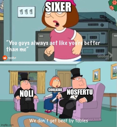 Pls forsaken I need this, sixers kinda loopable | SIXER; NOSFERTU; C00LKIDD; NOLI; We don't get beat by tables | image tagged in you guys always act like you're better than me | made w/ Imgflip meme maker