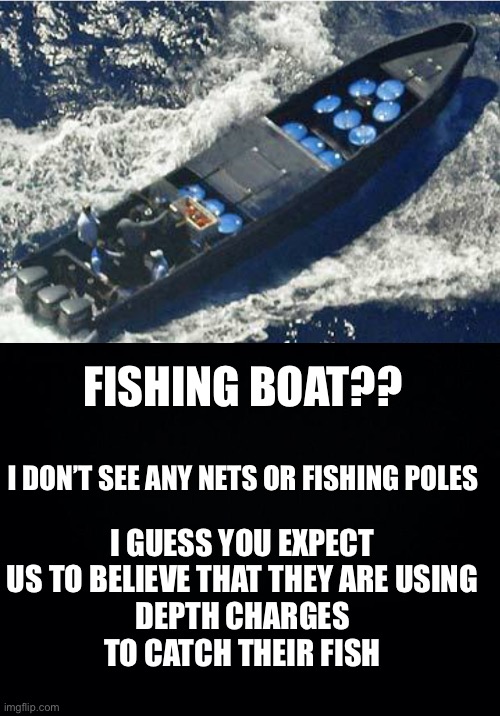 FISHING BOAT?? I DON’T SEE ANY NETS OR FISHING POLES I GUESS YOU EXPECT US TO BELIEVE THAT THEY ARE USING
DEPTH CHARGES
TO CATCH THEIR FISH | image tagged in black background | made w/ Imgflip meme maker